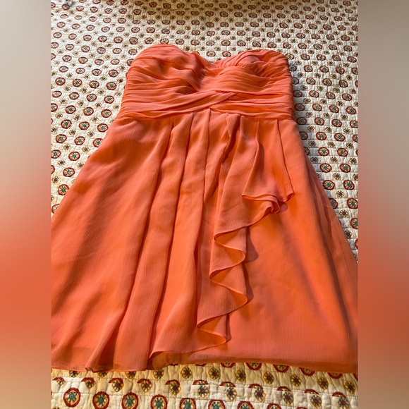 David’s Bridal Coral Orange Pink Strapless Bridesmaid Dress Chiffon size 14 - Picture 3 of 8